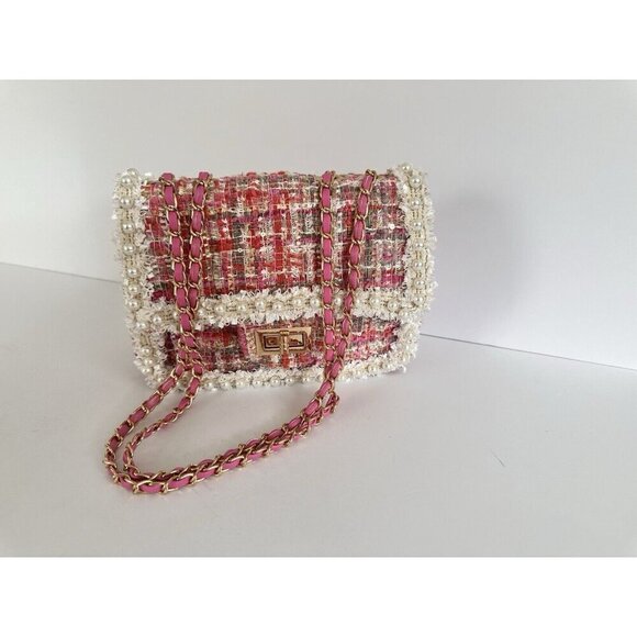 Women’s Chain‎ Pearl Pink Tweed Crossbody Bag Satchel Barbie Princess Coquette - Picture 8 of 13